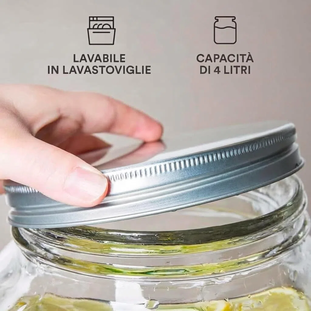 Dispenser in Vetro per Bevande 4L con Rubinetto Cromato, Lavabile in Lavastoviglie, Campeggio o Aperitivi, Ideale Per Bar, Cucina, Pub, Ristorante, Contenitore Distributore Acqua Con Supporto