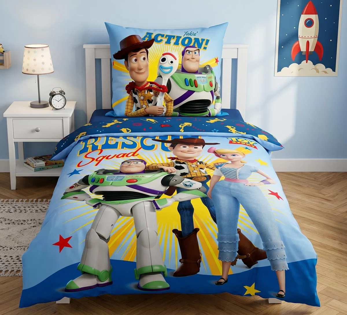 Toy Story - Biancheria da letto per bambini, 100% cotone, reversibile, 135 x 200 cm, con federa 80 x 80 cm, certificata Oeko-Tex Standard 100, design Disney Pixar Rescue Squad