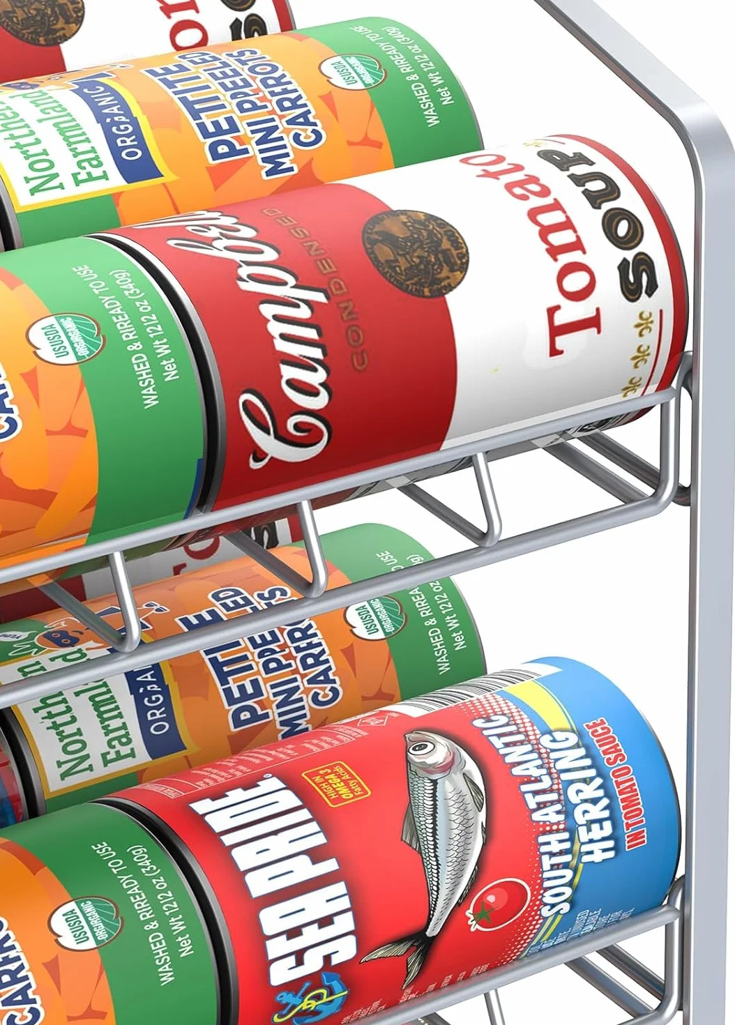Porta-lattine a 3 livelli, organizer per dispensa, porta lattine per piano di lavoro, armadio, cucina, argenteo