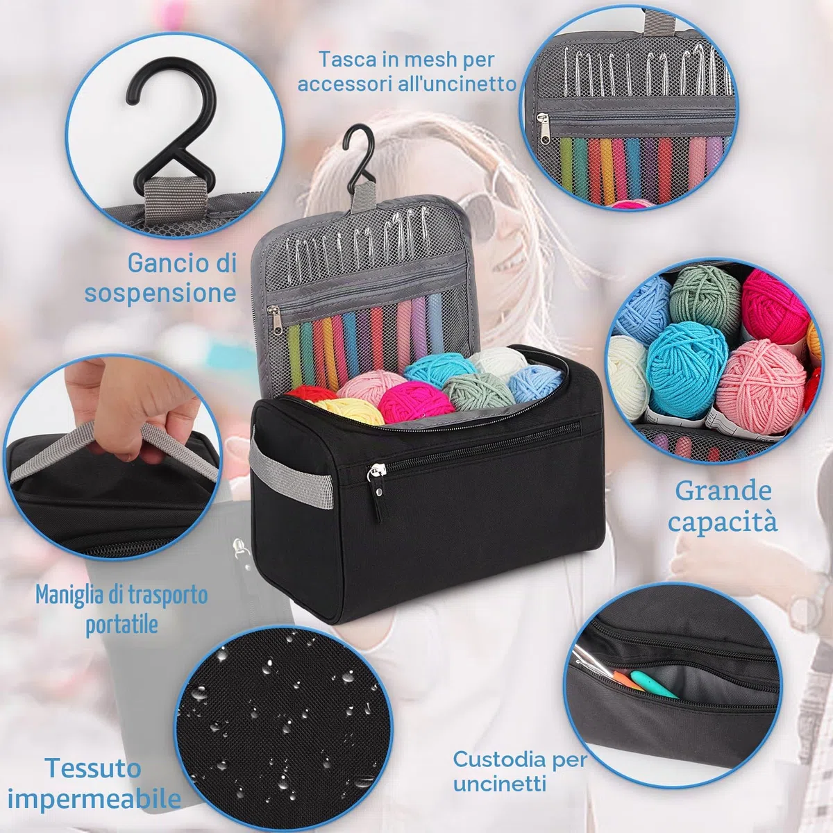 Coopay Set di 73 pezzi per principianti di uncinetto, set di uncinetti portatile con 15 lana, borsa, accessori per uncinetto, uncinetti ergonomici da 2,0-10 mm con manico lungo e morbido, pratico set