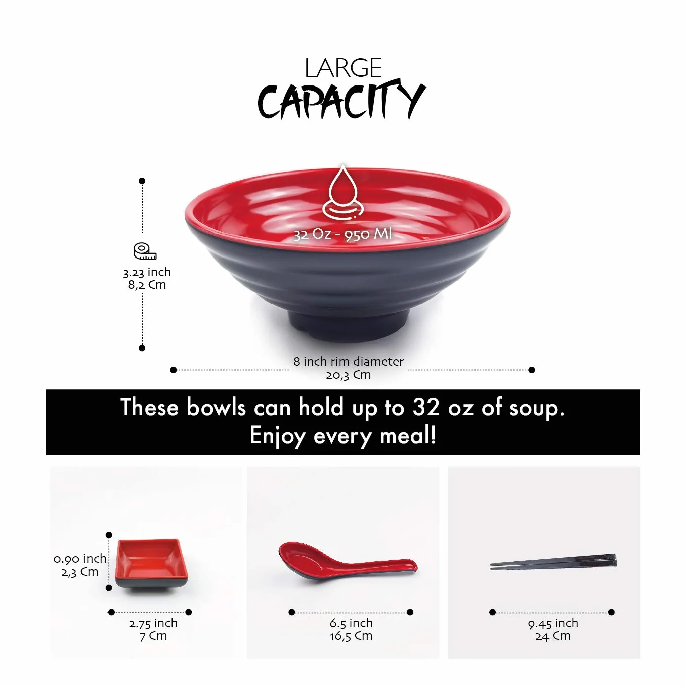 BALIBETOV Ciotole Giapponesi per Ramen Set - Include 4 Ciotola Ramen in Melamina, Bacchette, Cucchiai e Piccolo Piatti Giapponesi per Salsa - Ideale Per Zuppe Asiatica o Pho (Rosso, 4)