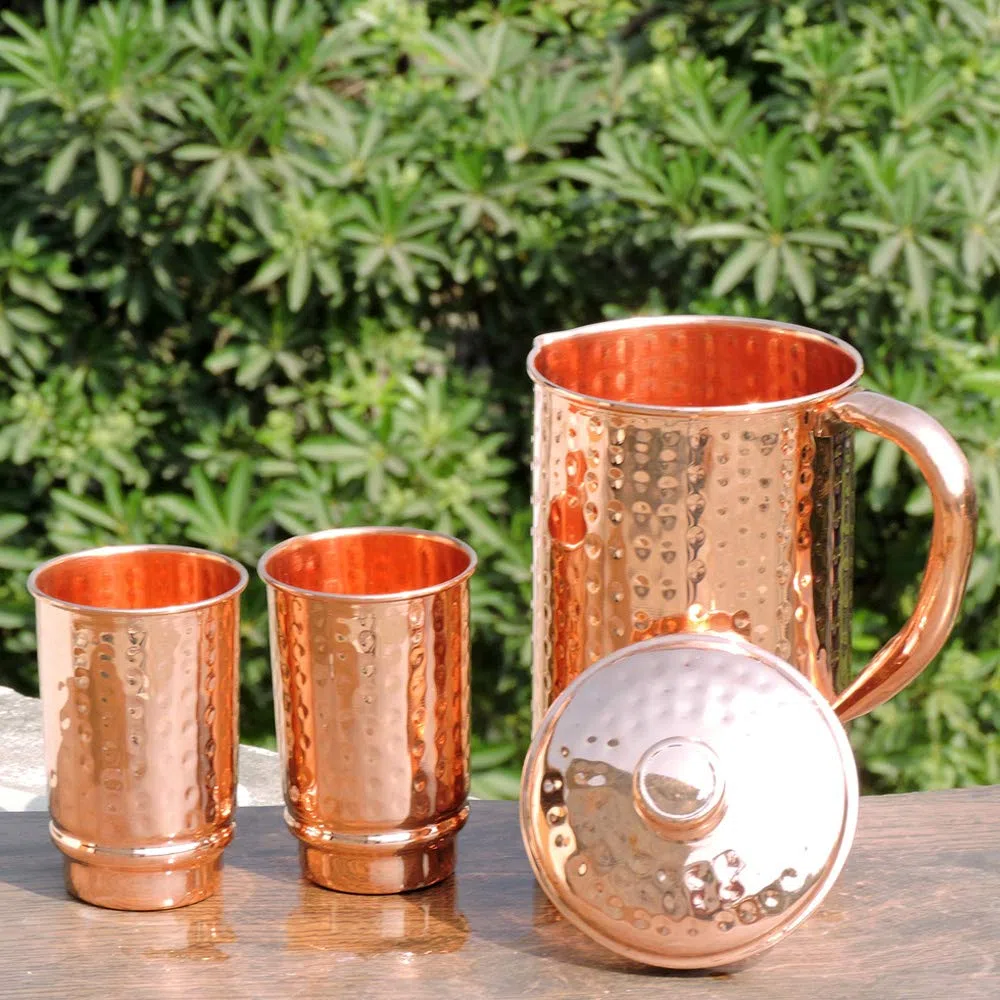 ANCIENTIMPEX Set di brocca e bicchieri in rame puro ayurvedico - Caraffa con design martellato e 2 bicchieri