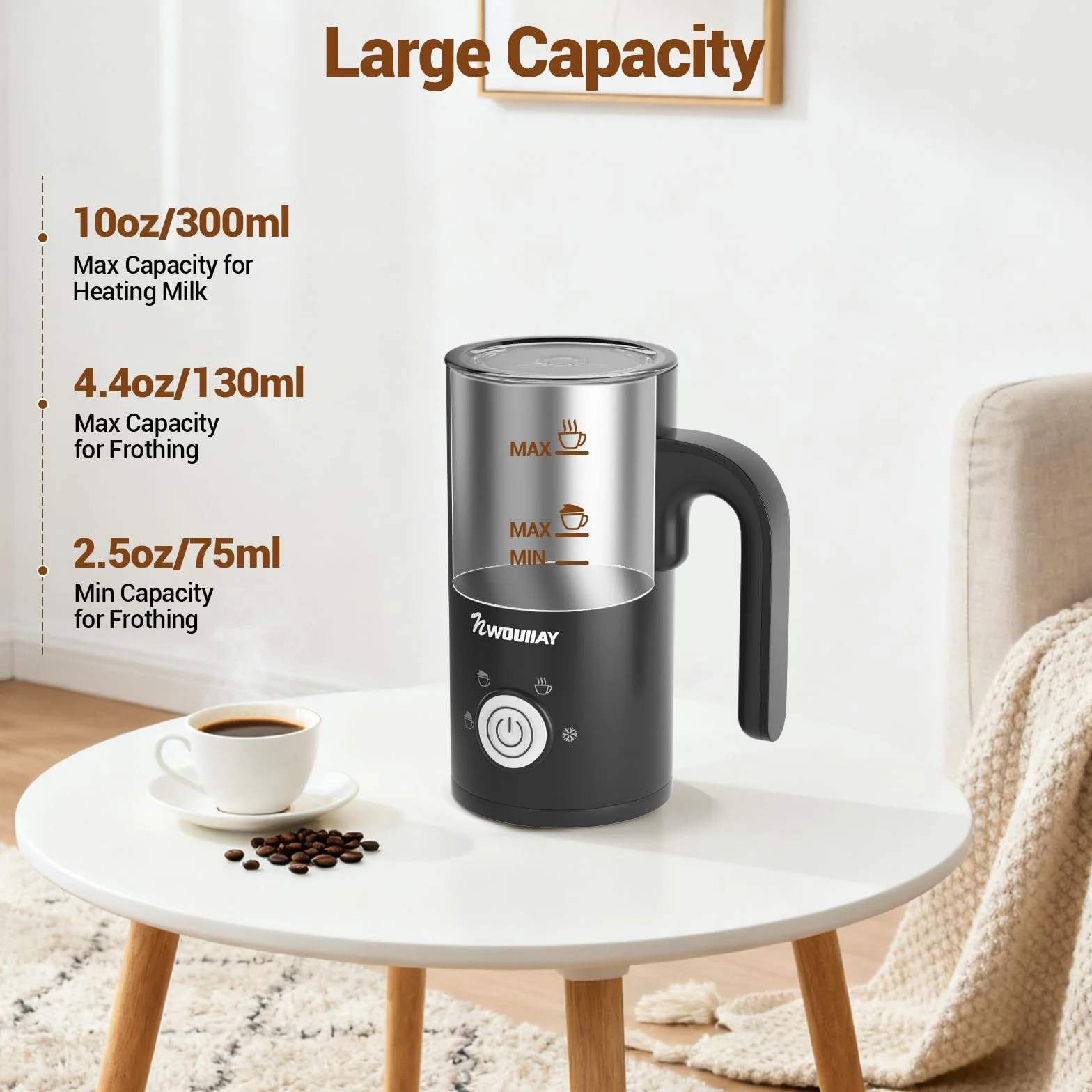 Montalatte Elettrico 4 in 1 Cappuccinatore Elettrico 300ML 600W Silenzioso con Manico per Caldo e Freddo Schiuma di Latte Rivestimento Antiaderente per Latte Cappuccino Macchiato