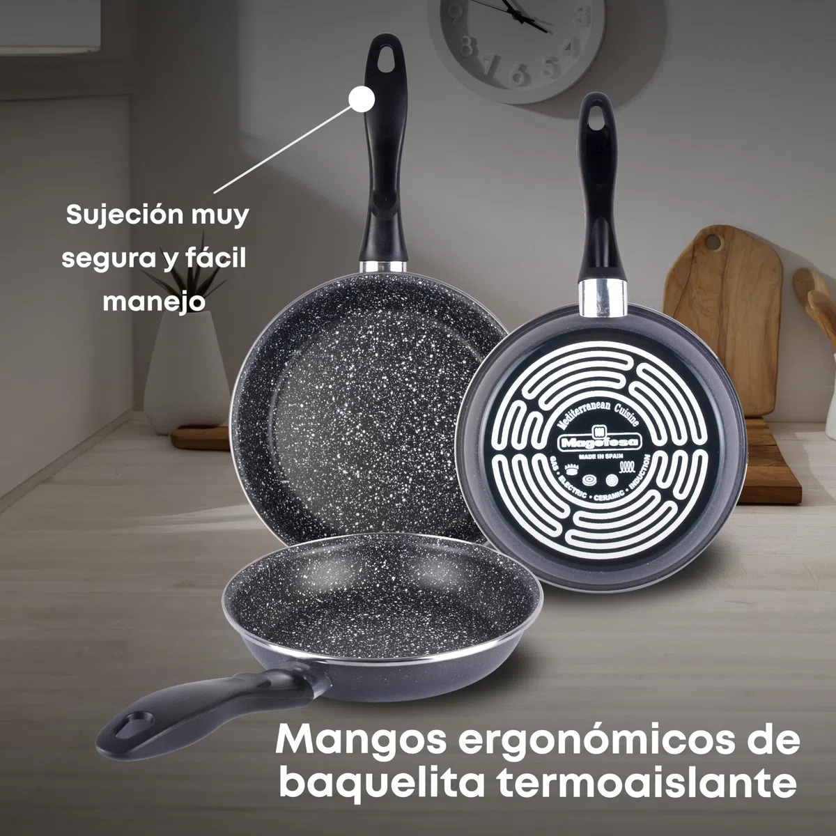 MAGEFESA K2 Gransasso Set di 3 padelle (18/20/24) cm in acciaio vetrificato, esterno grigio screziato. Antiaderente a due strati rinforzato con effetto pietra, adatto a tutti i tipi di piani cottura