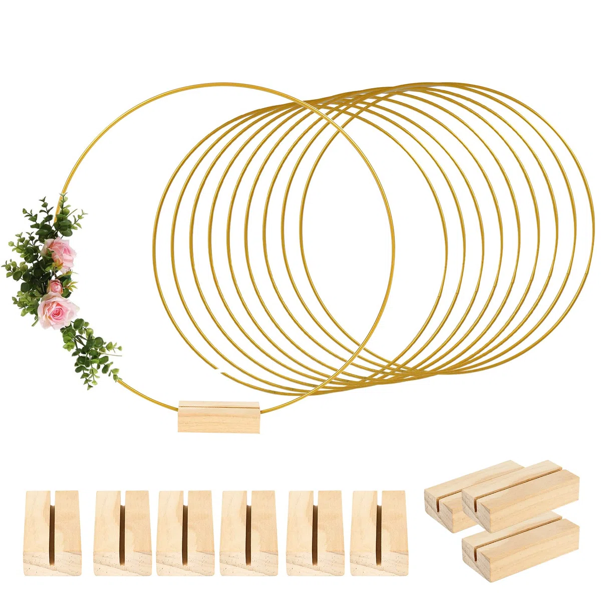 10 pneumatici rotondi in metallo da 30 cm, con 10 supporti in legno esagonali, anelli decorativi in metallo dorato, con supporto in legno, per fai da te, per matrimoni, decorazioni e