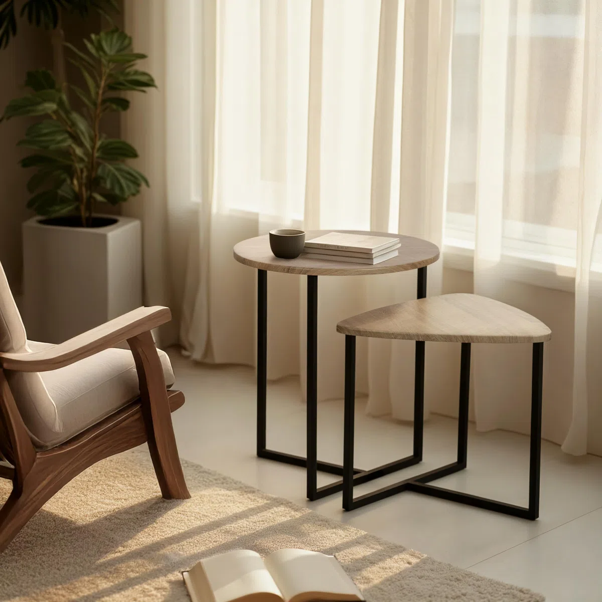 MEUBLE COSY Set di 2 Tavolino da caffè per Soggiorno Salotto Tavolini Sovrapponibili Salotto in Legno e Metallo, Stile Industriale, Marrone Chiaro