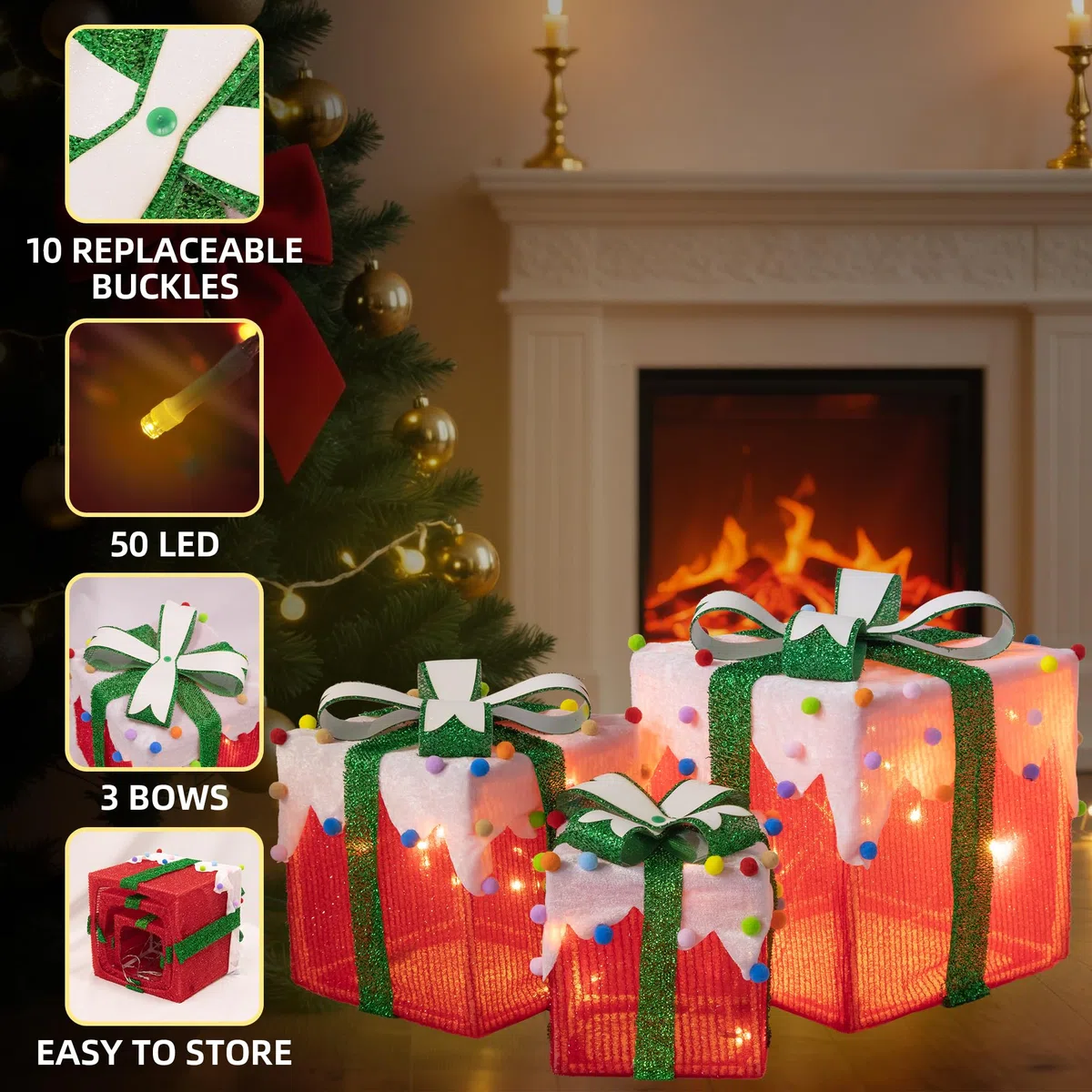 Arespark Set di 3 Luci Scatola Regalo Natalizie, 50 LED Regalo Luminosi Natale con 8 modalità Luminose, IP44 Illuminate per Albero di Natale, Vetrina, Finestre, Giardino, Decorazioni Natalizie