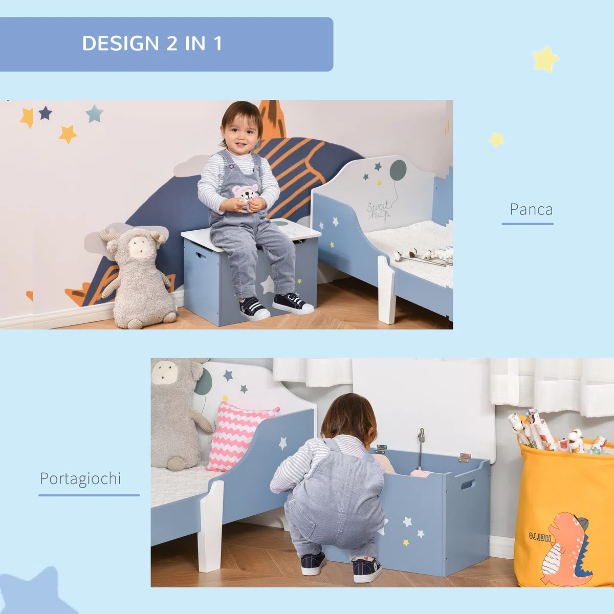 HOMCOM Cassapanca Baule Portagiochi in Legno Blu e Bianco, Panca per Cameretta Bambini 55 x 34 x 35.5 cm