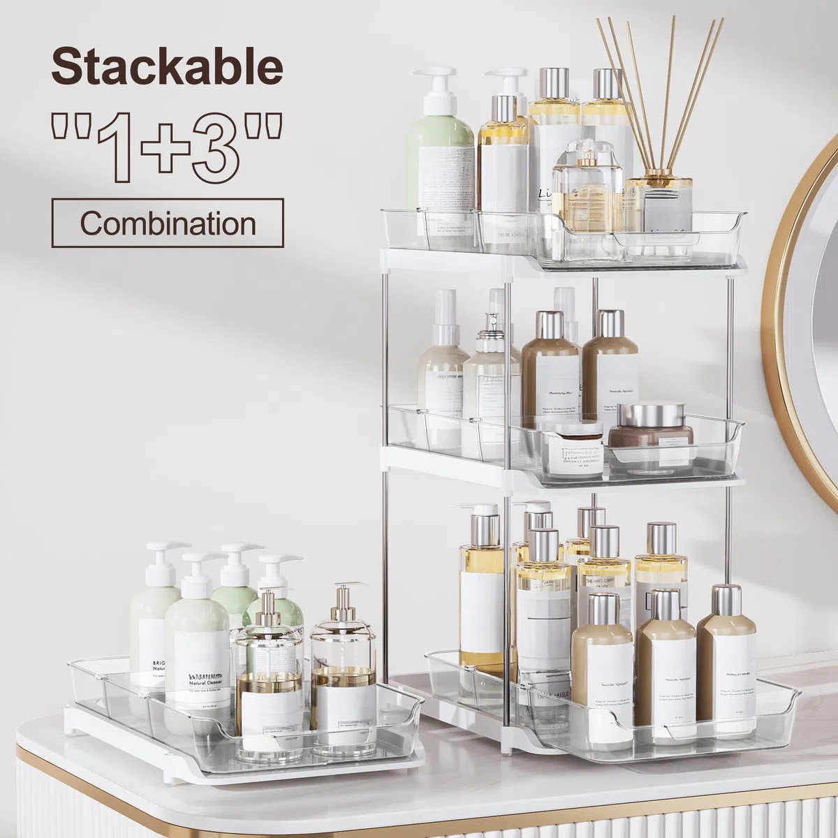 Delamu Organizzatori multiuso a 2 ripiani da bagno sotto il lavandino, impilabili per dispensa da cucina, organizer estraibile per armadietto dei medicinali con divisori mobili, bianco, confezione da