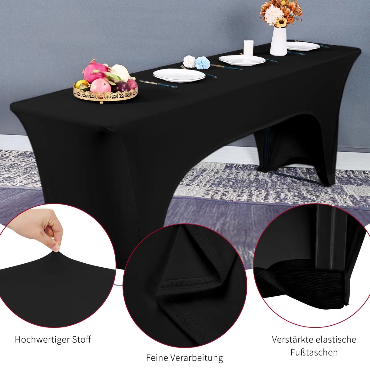YMHPRIDE Confezione da 2 copritavolo elastico per tavolo da birra, colore nero, impermeabile, set da 70 cm di larghezza, set da birra, set da 220 x 70 x 70 cm, per rivestimenti da giardino e da
