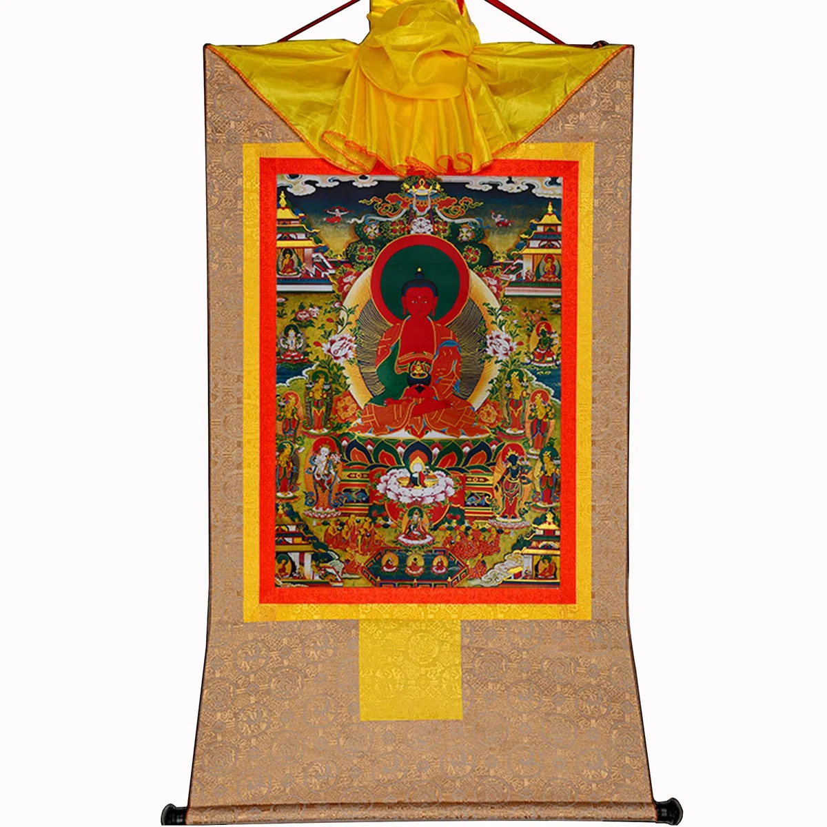 Gandhanra Thangka Tibetano - Amitabha Terra Pura Thangka - Elysium del Buddhismo - Arazzo di Buddha a Stampa Dorata per Decorazione Zen, Meditazione, Rilassamento Spirituale e Pace