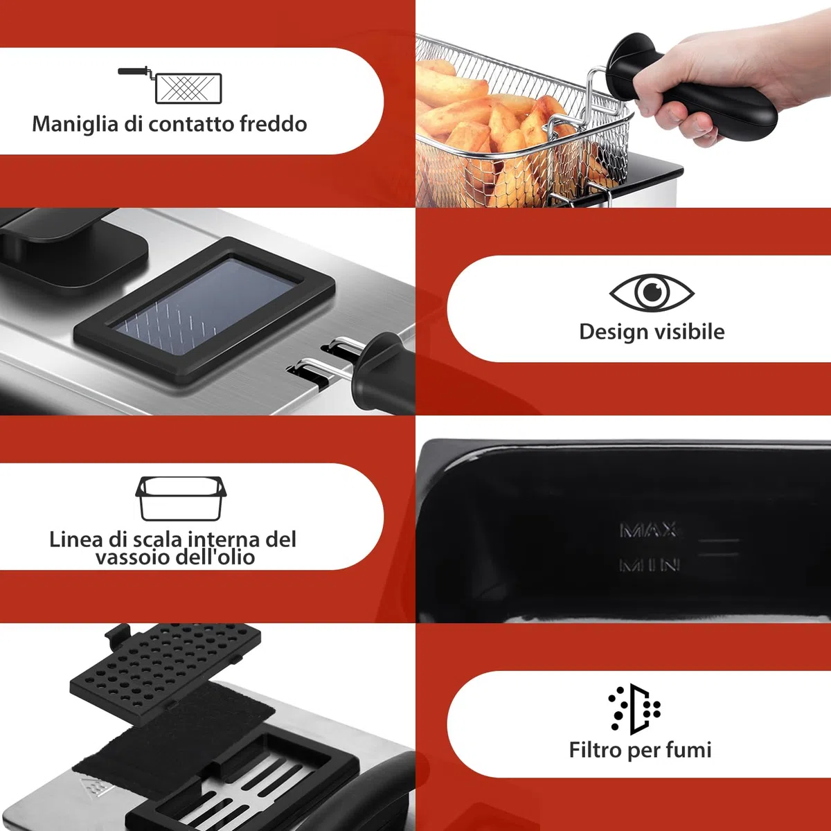 Aigostar Friggitrice 2200Watts, Capacità 3 Litri con Finestra, Controllo di Temperatura, Ciotola d'Olio Removibile