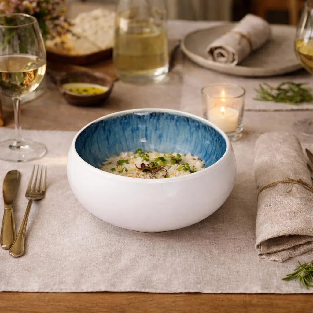 Ciotola colazione Piatti Moderni Ciotole Zuppa Ceramica Gres di Qualità - Realizzata a mano - 4 pezzi ∅ 15,5 cm - Elevata durezza - Lavabile in lavastoviglie e Adatto microonde - Bianco