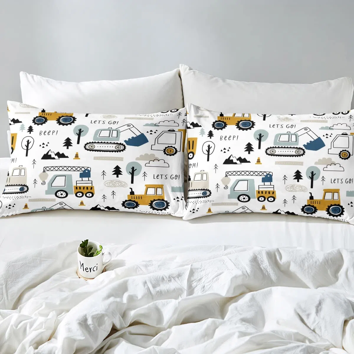 Loussiesd Set Lenzuola con Angoli Elasticizzati per Auto 140x200cm per Bambini Ragazzi Lenzuolo con Angoli Elasticizzati BAU Motivo Escavatore Gru Trattore Lenzuolo con Angoli Elasticizzati per