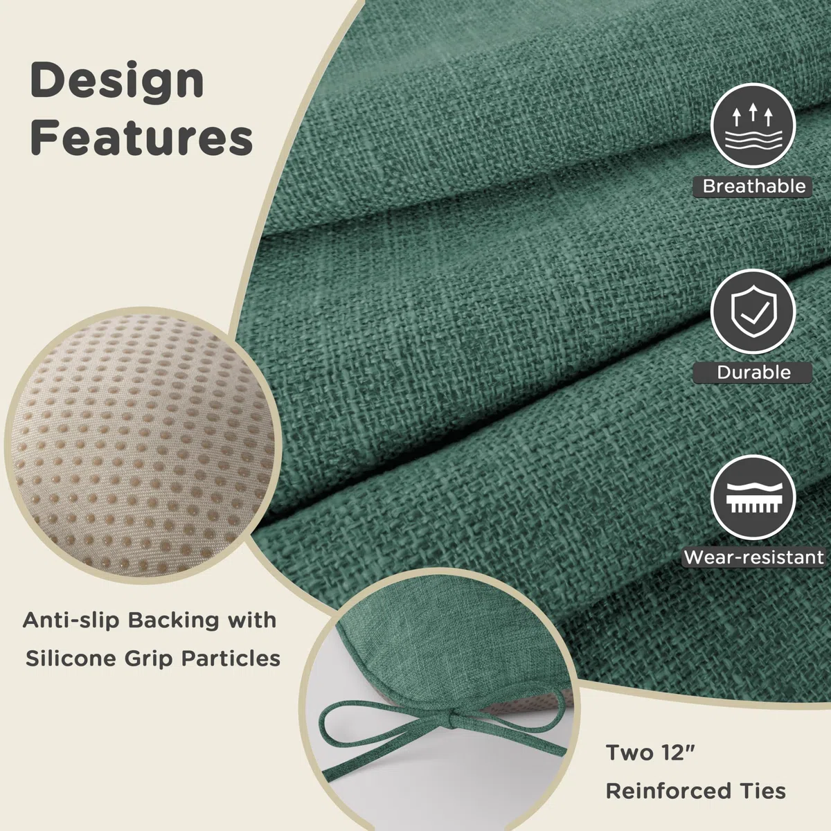AddGrace Set di 2 cuscini extra spessi per sedie da pranzo, antiscivolo, morbidi, per sala da pranzo, con lacci, 40 x 40 x 10 cm, verde intenso