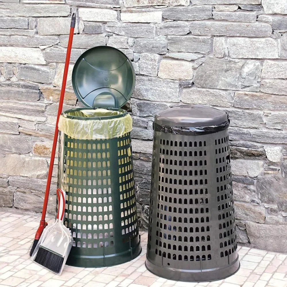 PALUPLUS Trespolo Portasacco in Polietilene, Capacità 110 Litri e Misura 51x85 cm, Bidone con Coperchio e Reggi Sacco, Secchio per Riufiuti Differenziati -110F (Grigio)