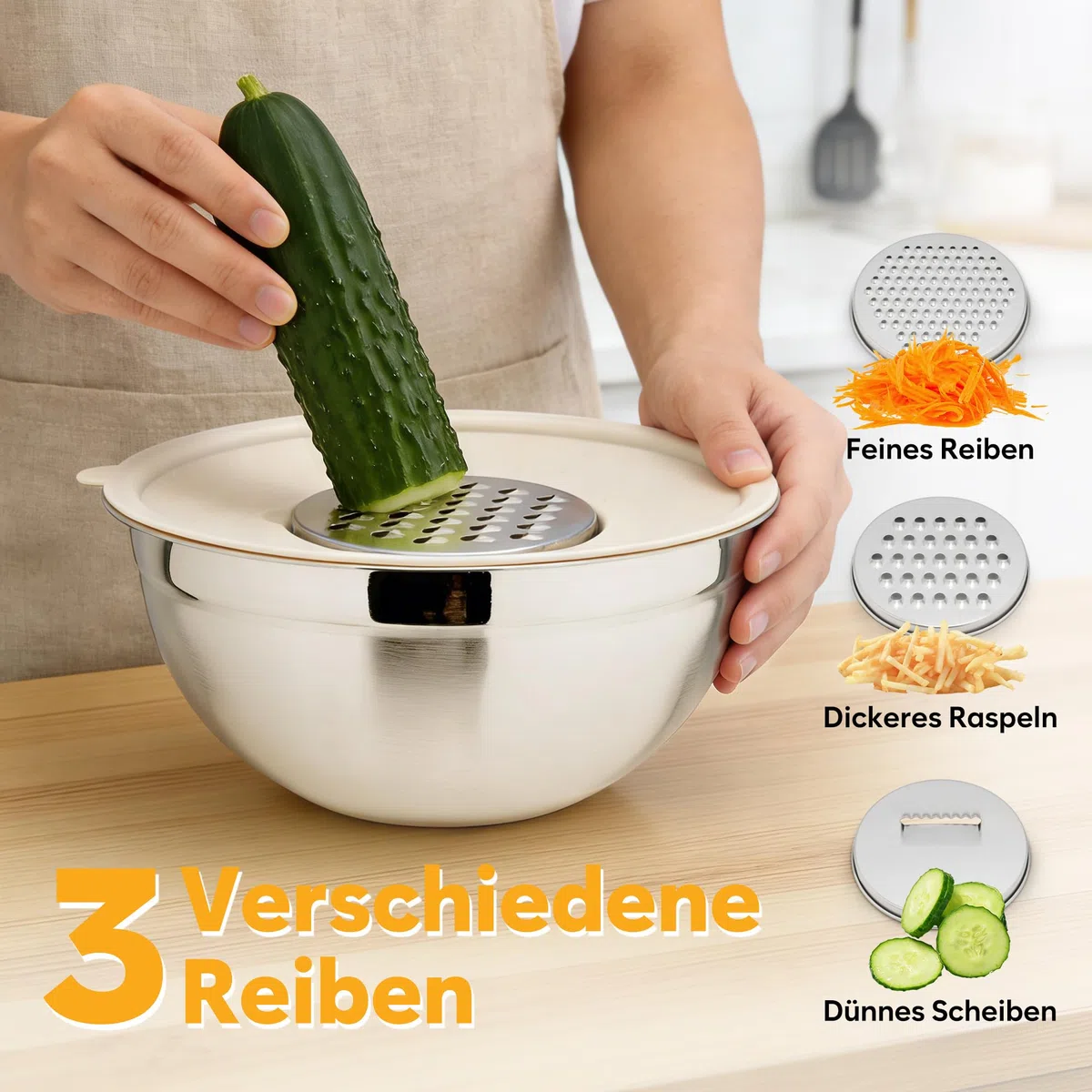 Fire More Set di 5 Ciotole Miscelatori in Acciaio Inox, 4L/3L/1,8L/1,5L/1L Ciotola per Insalatiera con Coperchio Ermetico e 3 accessori grattugia, impilabili e Lavabili in Lavastoviglie