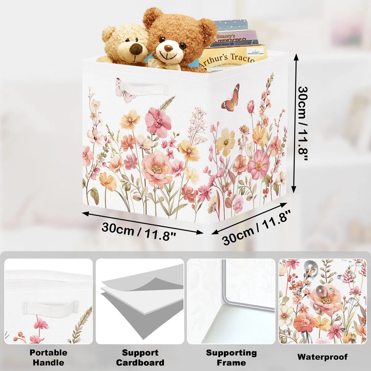 30cm Set di 3 Scatole Portaoggetti Fiore Selvatico Contenitore Porta Giochi per Bambini Pieghevole Farfalla Giardino Cubi Portaoggetti per Libreria Kallax Scuola Materna,Piante Selvatiche