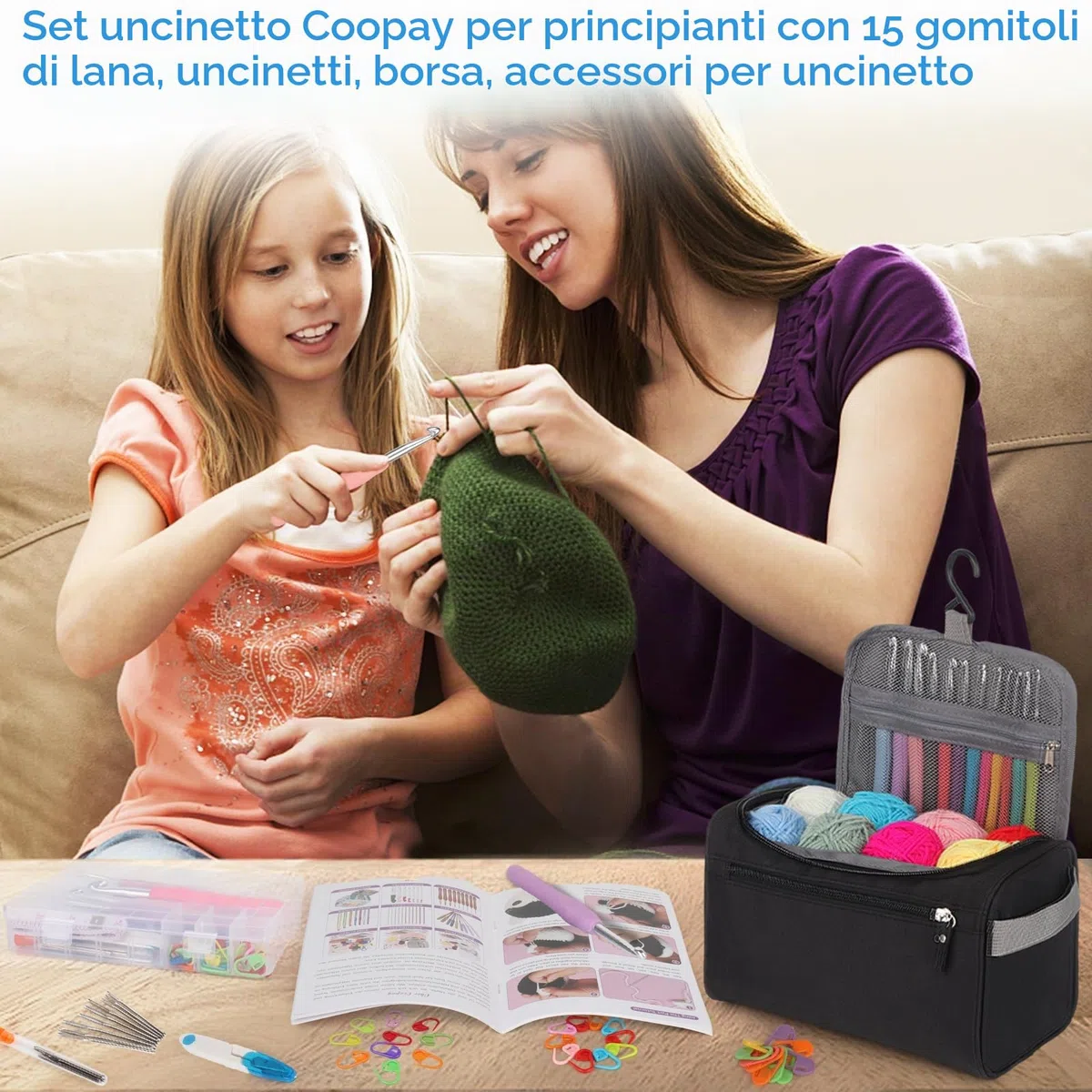 Coopay Set di 73 pezzi per principianti di uncinetto, set di uncinetti portatile con 15 lana, borsa, accessori per uncinetto, uncinetti ergonomici da 2,0-10 mm con manico lungo e morbido, pratico set