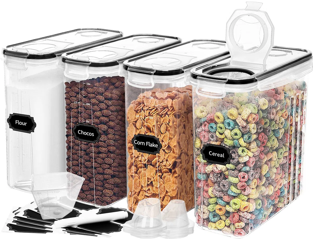 Skroam Set di 4 contenitori da 4L con 4, contenitore dosatore per cereali e contenitori salvafreschezza, contenitori in plastica senza BPA ermetici, per cereali, farina, zucchero