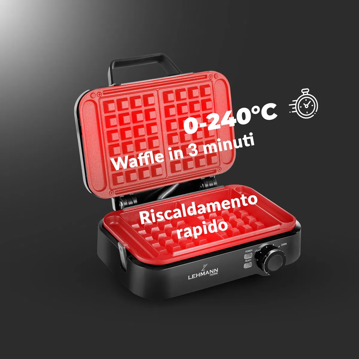 LEHMANN Piastra per Waffle Doppia, 1200W, Pronta in 3 Minuti, Regolazione della Temperatura fino a 240°C, Rivestimento Antiaderente, Pulizia Rapida e Facile, Waffle Spessi 12,5 x 8,5 x 2 cm