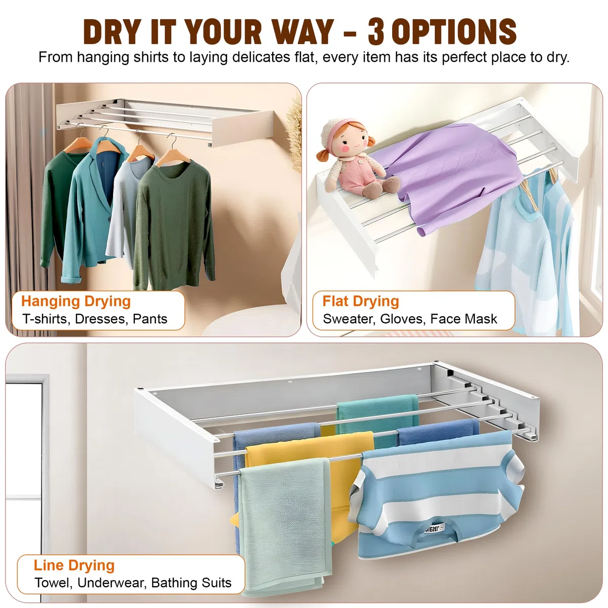 32” Wall Mounted Hanging Drying Rack Laundry for Kitchen Bathroom Use - Foldable Indoor Outdoor Drying Line with 4 Steel Poles - Collapsible Laundry Organizer Clothes Rack for Outdoor Balconies