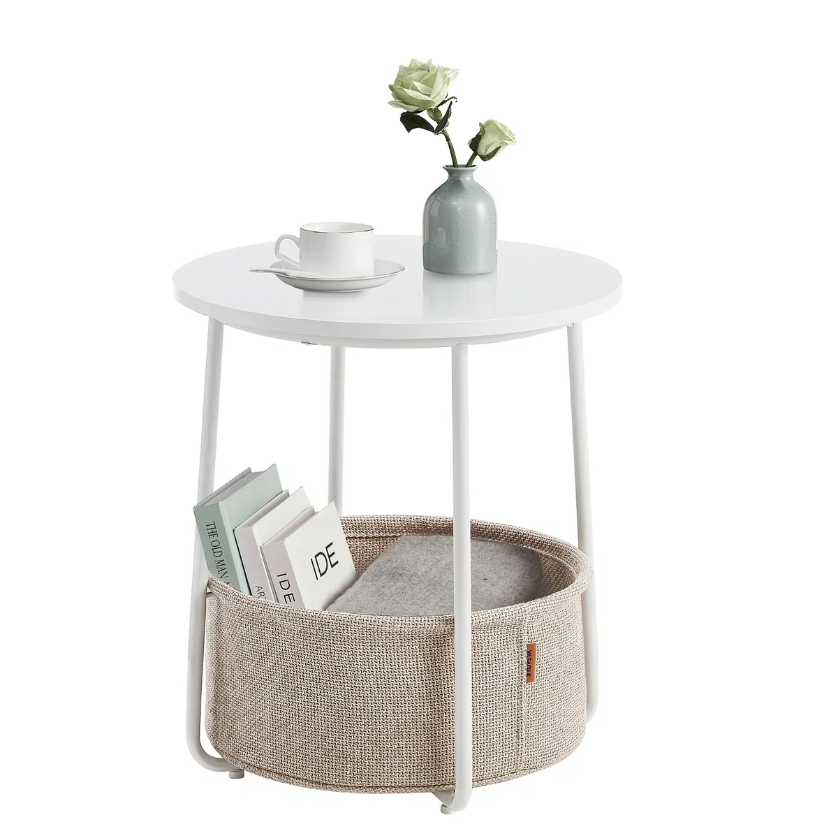 VASAGLE LILEA Collezione - Tavolino, Tavolino Rotondo con Cestino in Tessuto, Spazioso, per Soggiorno Camera da Letto, Comodino, Stile Moderno, Bianco Opaco e Marrone Cammello LET223W10