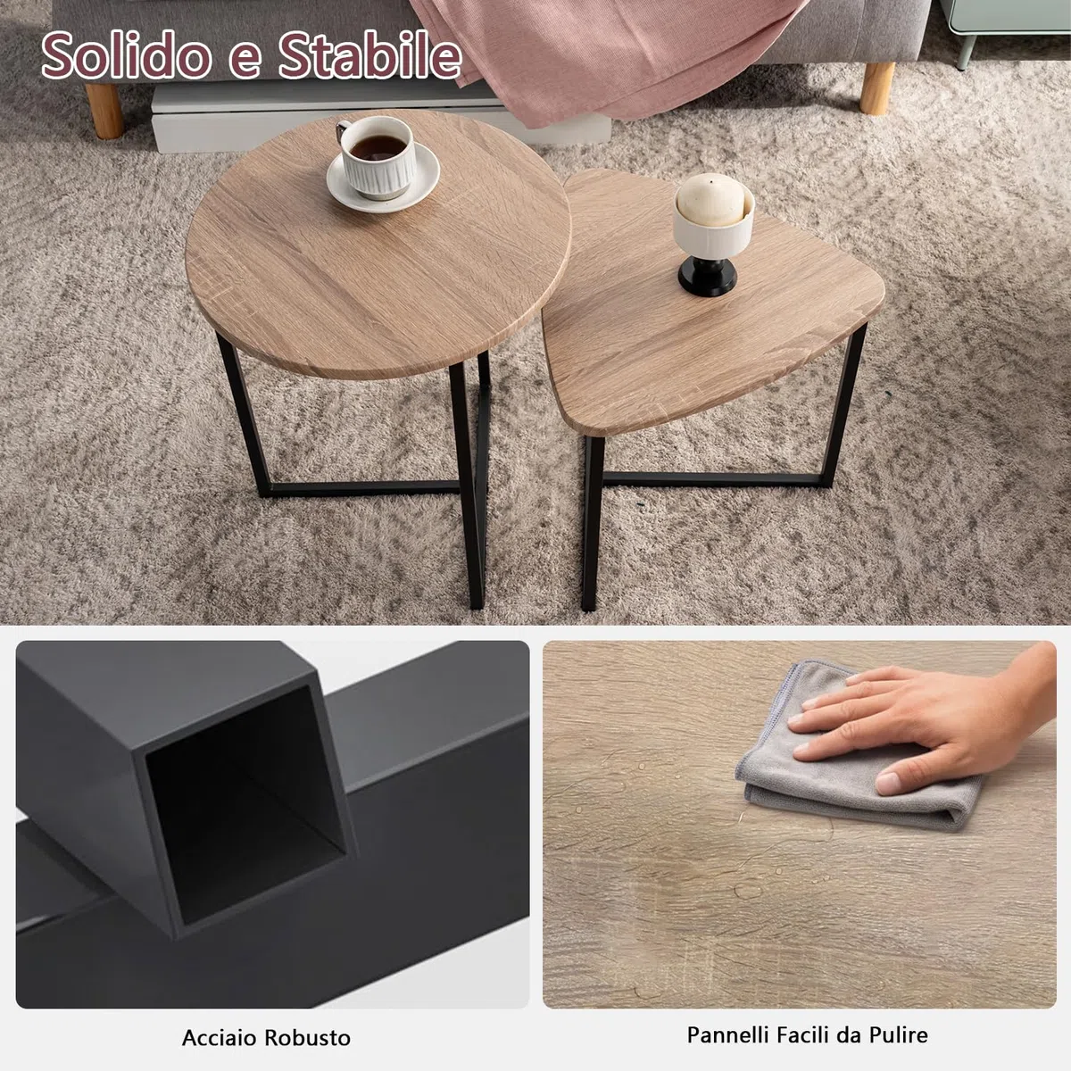 MEUBLE COSY Set di 2 Tavolino da caffè per Soggiorno Salotto Tavolini Sovrapponibili Salotto in Legno e Metallo, Stile Industriale, Marrone Chiaro