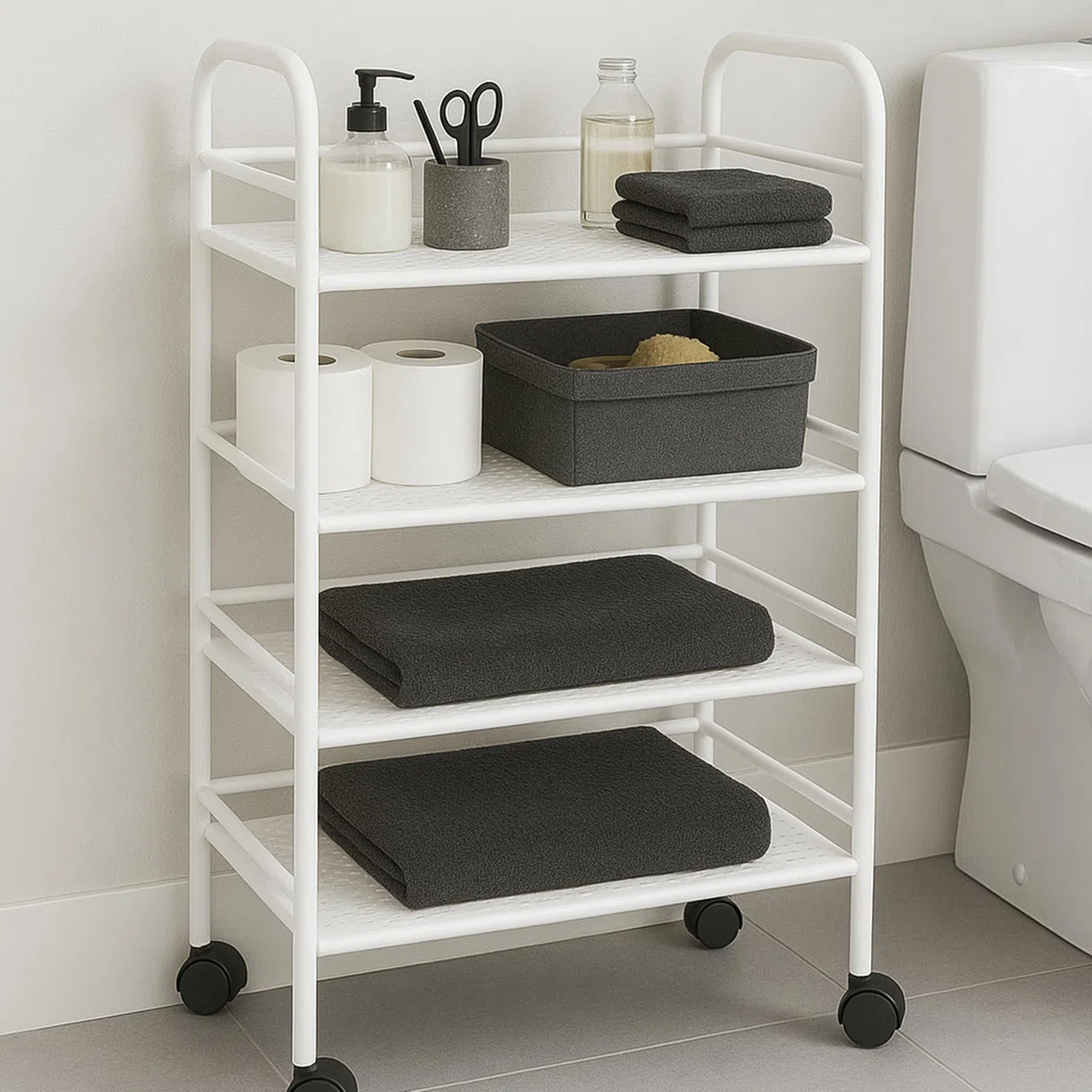 MAKA Carrello Cucina Salvaspazio con Ruote, 3-4 Ripiani in Metallo, Portatutto da Bagno o Cucina, Portaoggetti Multiuso con Struttura Robusta e Facile da Spostare (Bianco, 4 Ripiani)