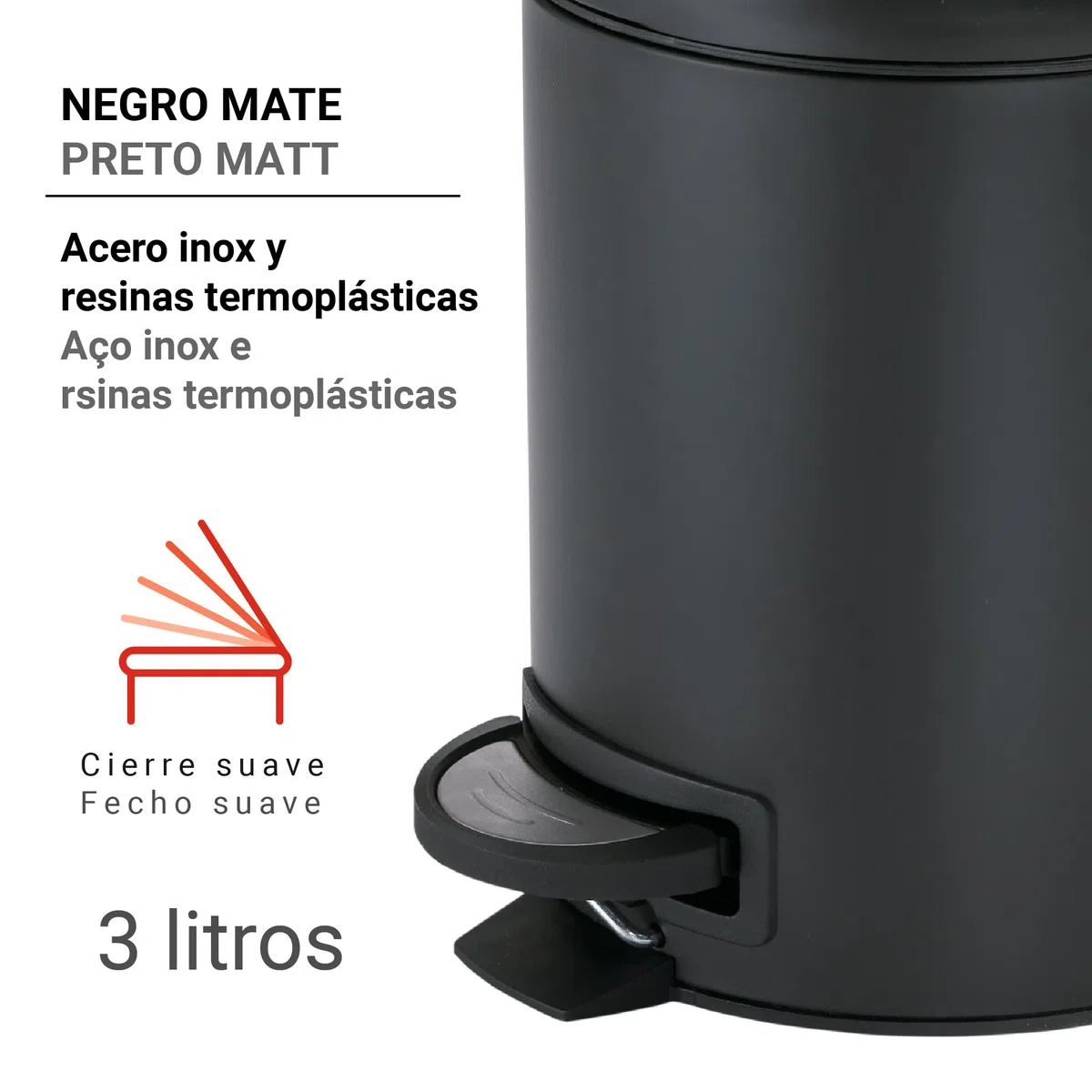 GEDY G-Potty pattumiera Bagno Nera 3 L, Misure: 25,1X17,4X22,6 CM, in Acciaio Inox e Polipropilene, Cestino Bagno con Chiusura Soft Close, Cestino Removibile, Design R&S Gedy, 2 Anni di Garanzia