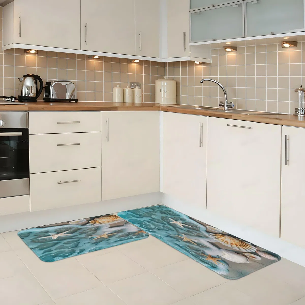 Set di 2 tappeti da cucina con stampa di stelle marine, conchiglie, spiaggia, antiscivolo, assorbenti, per camera da letto, bagno, ufficio