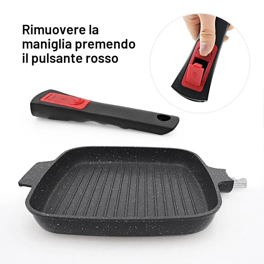RANX INGST Bistecchiera Antiaderente con Maniglia Rimovibile, Padella Griglia con Coperchio, Pietra 26 x 24 cm Quadrata per Induzione, Alluminio pressofuso - Nero