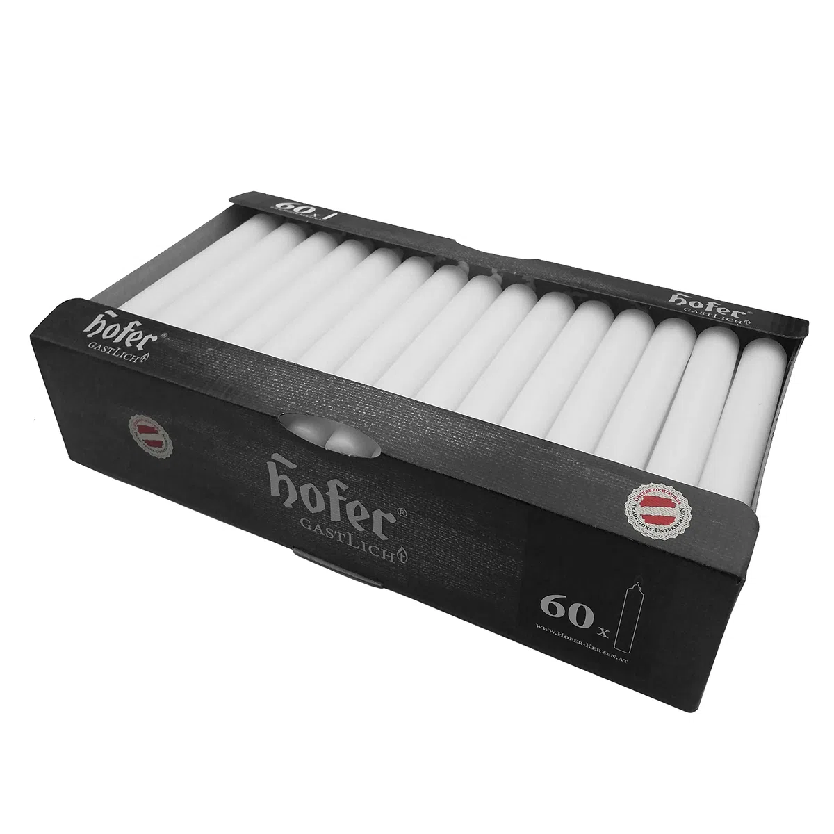 Hofer Candele lunghe da tavola, set da 60 pezzi (1 x 60), dim. 21,5 x 180 mm, colore bianco, lunga durata circa 5 ore, set di 60 candele a punta in cera antigoccia, prodotto in Austria