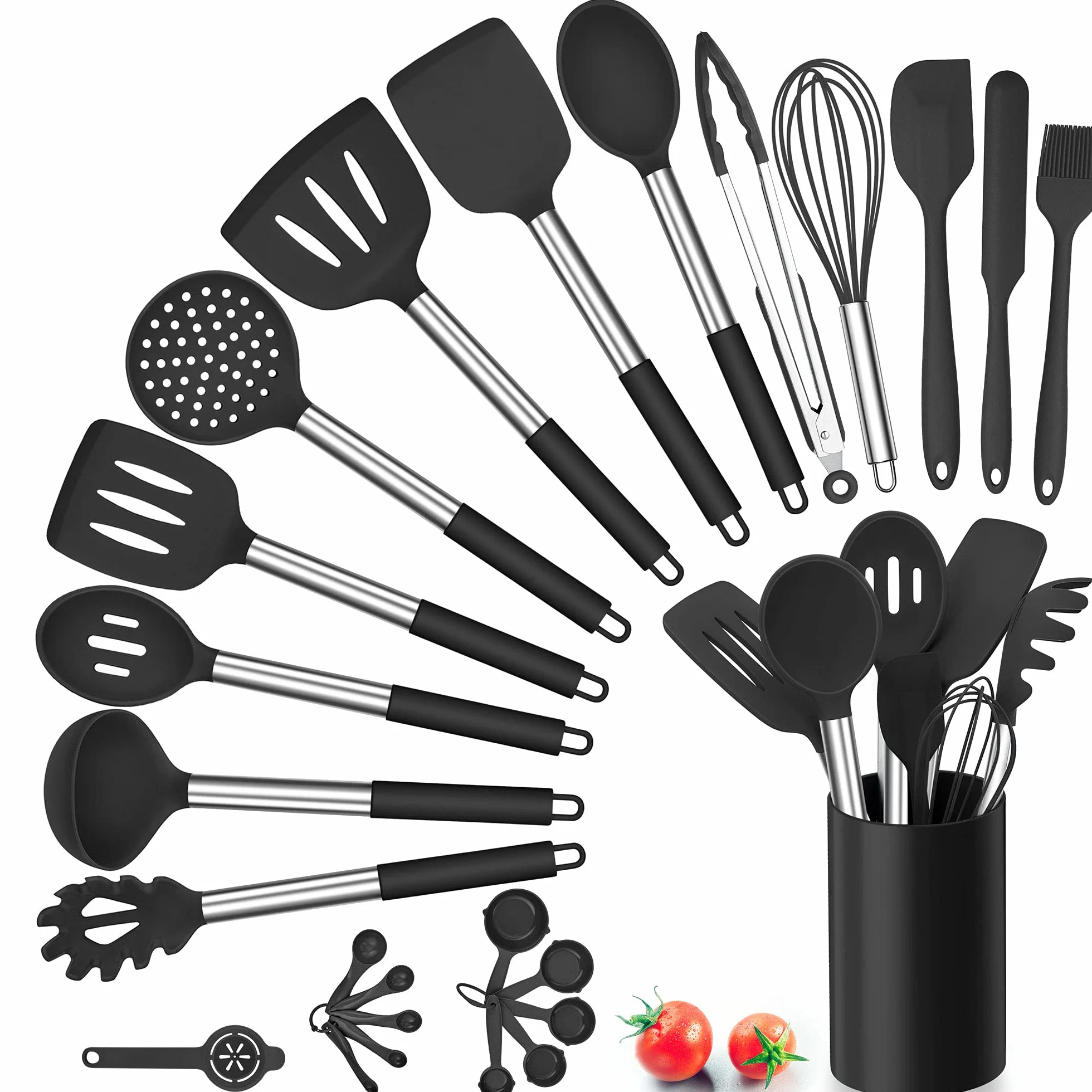 Herogo Set di 25 utensili da cucina in silicone con supporto, set di posate da cucina resistenti al calore, con manico in acciaio inox, antiaderente, set da cucina, contenitore, nero