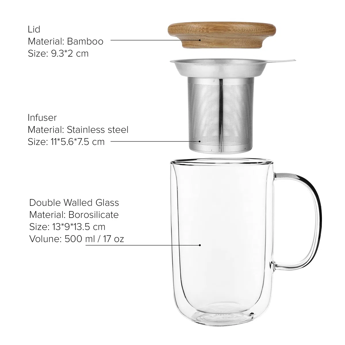 Tazza da tè in vetro borosilicato con coperchio in legno, tazza con infusore rimovibile in acciaio inox, tè sfuso, tè a foglia 0,5 l