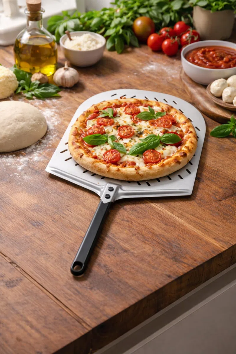 Generico Pala per Pizza Forata Professionale in Alluminio Anodizzato - Diametro 33 cm, Manico Corto 25 cm