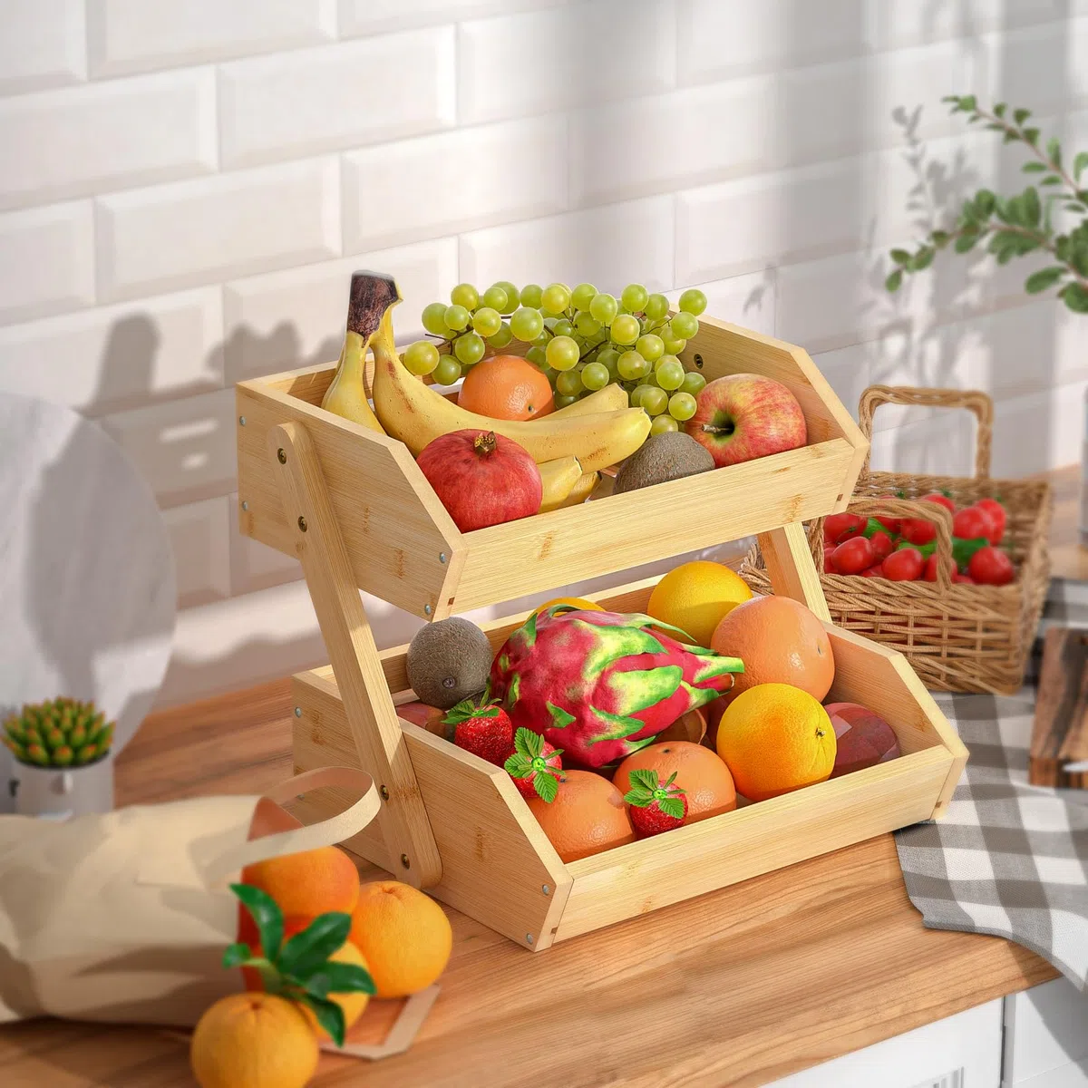 G.a HOMEFAVOR CALM COZY Supporto per Cesto di Frutta in bambù a 2 Livelli, Supporto per Verdure e Pane per ripiano della Cucina