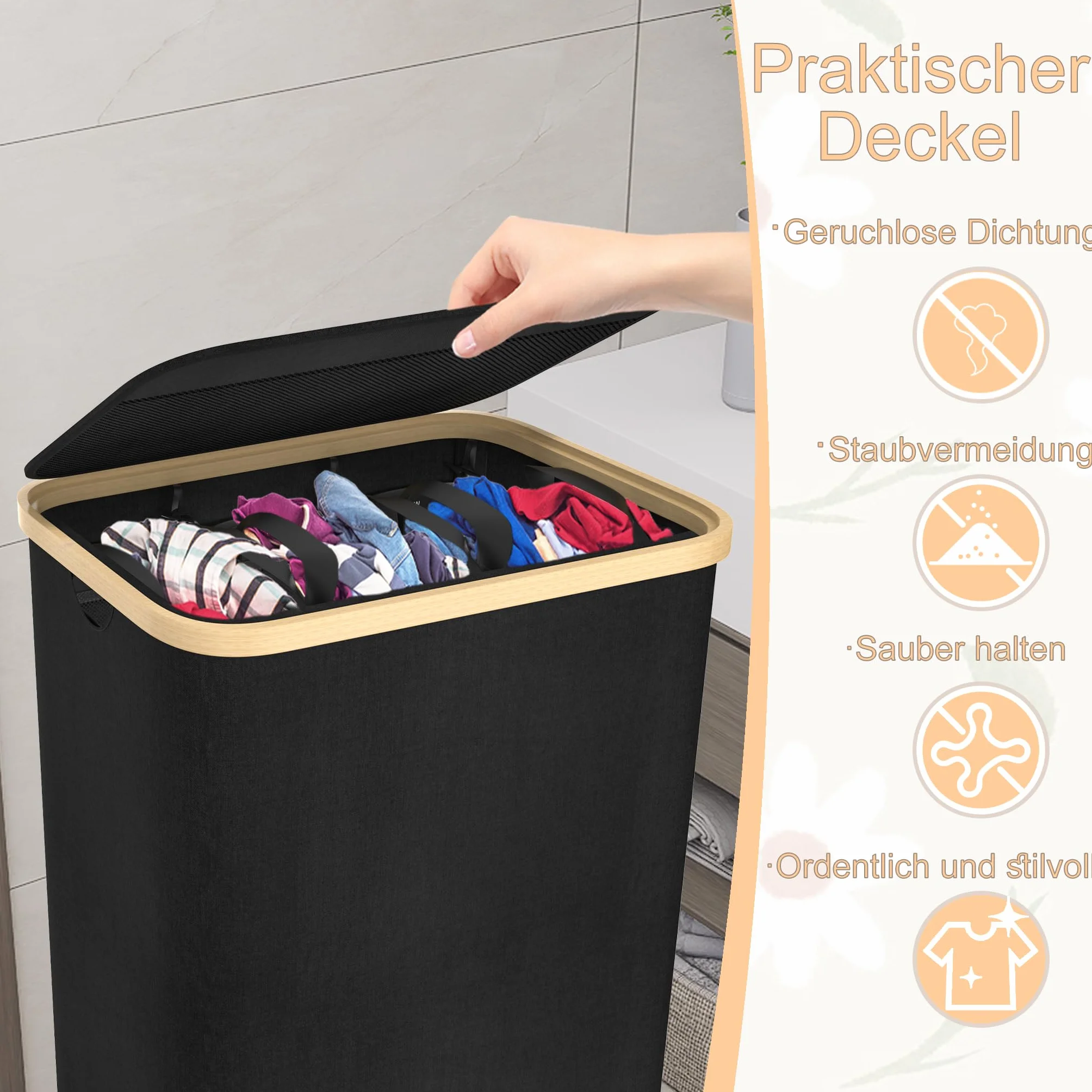 Froadp Cesto portabiancheria a 3 scomparti, pieghevole da 140 l, con coperchio per bagno e camera da letto, robusto cestino con maniglie, 3 sacchetti lavabili (nero)