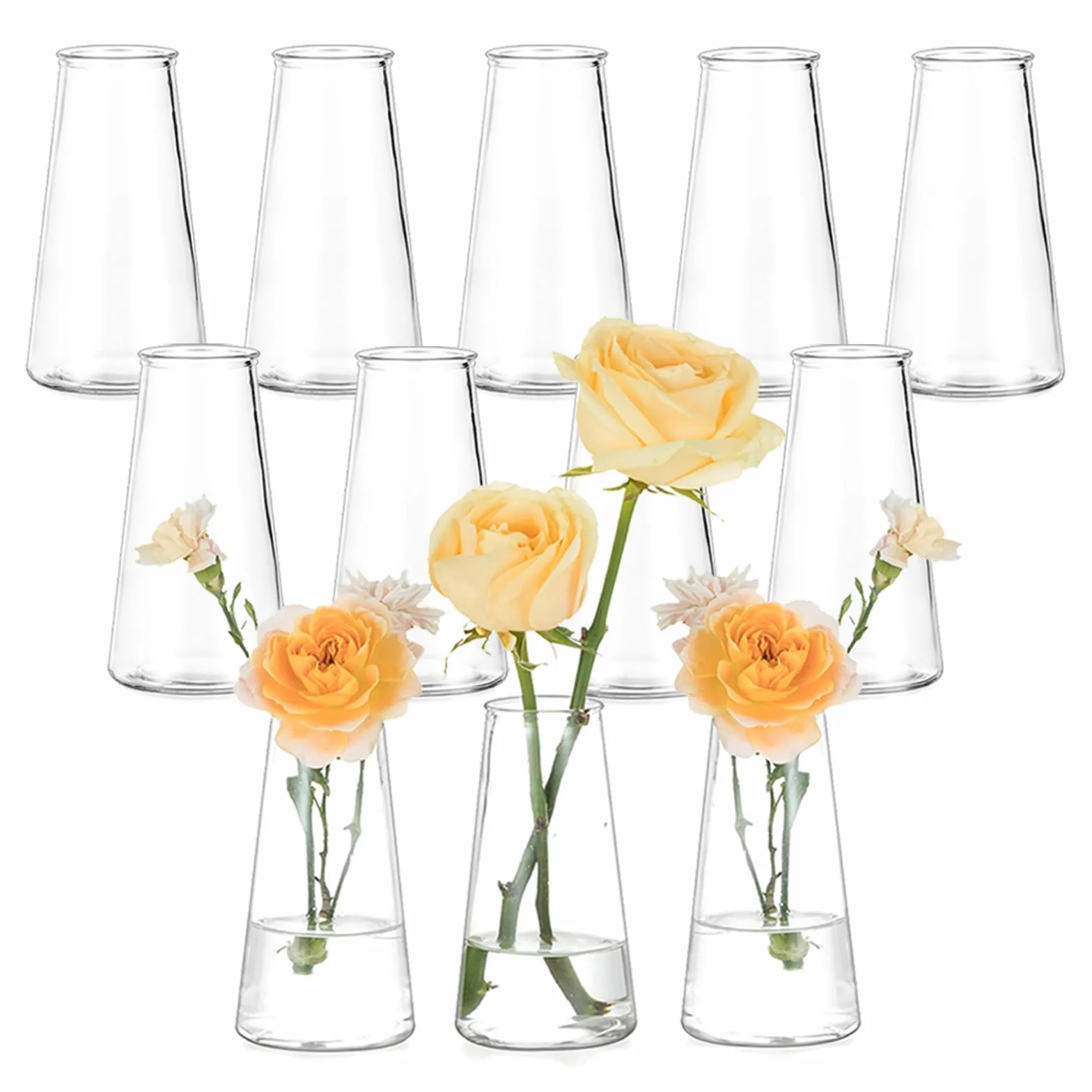Hewory Piccoli vasi in vetro per decorazione da tavolo per matrimoni: set di 12 piccoli vasi trasparenti per fiori moderni, in vetro per decorazione di nozze, tavolo da pranzo