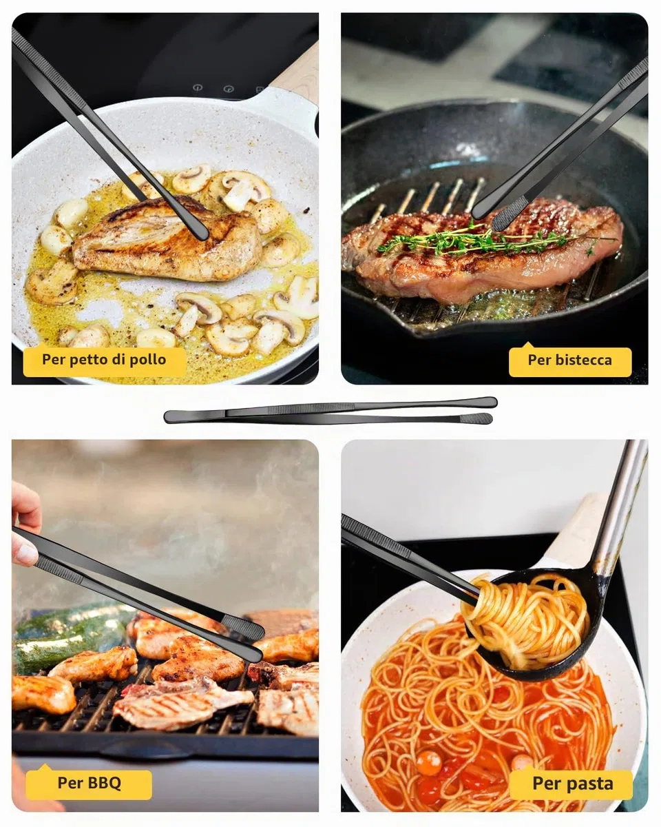 Set di 4 pinze fini da cucina, 30,5 cm e 25,4 cm, in acciaio INOX, per uso alimentare, pinze professionali lunghe, per cucina, riparazioni, frutti di mare e barbecue, colore: nero