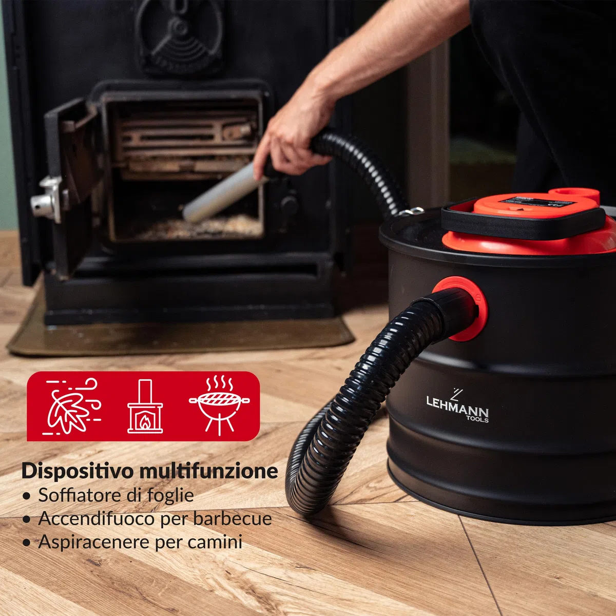 LEHMANN Bidone Aspiracenere senza Sacco 18L, 1200W, Robusto Serbatoio, Lavabile Filtro HEPA in Cestello Metallico, Funzione Soffiaggio, Aspirapolvere per Stufa a Pellet, Camino e Barbecue