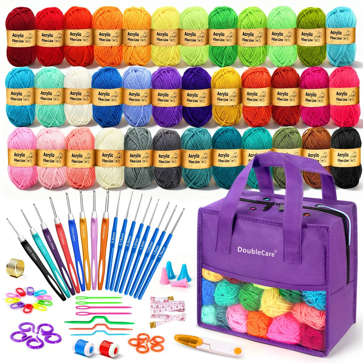 DoubleCare Set di uncinetto per principianti da 90 pezzi, 1439 metri di filato in 36 colori, set di accessori per uncinetto da 54 pezzi incluso uncinetti ergonomici per DIY Amigurumi, sciarpe, idea