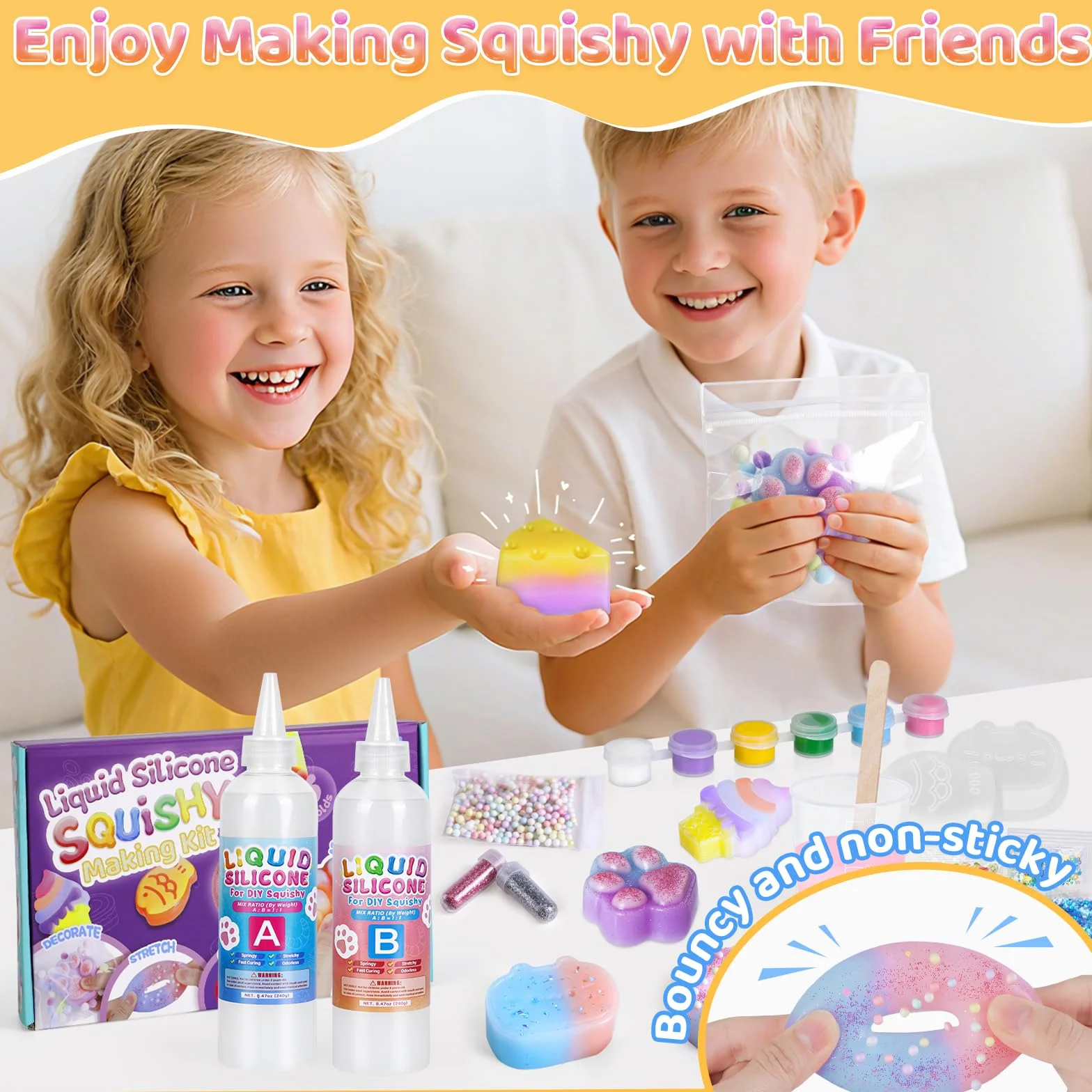 Highttoy Kit Squishy Silicone Liquido Luminosi Fai Da Te, 480ml Rapporto 1:1 AB Squishy Gomma Siliconica con 6 Stampi e Accessori, Giocattoli Sensoriali Antistress per Bambini 6+ Anni