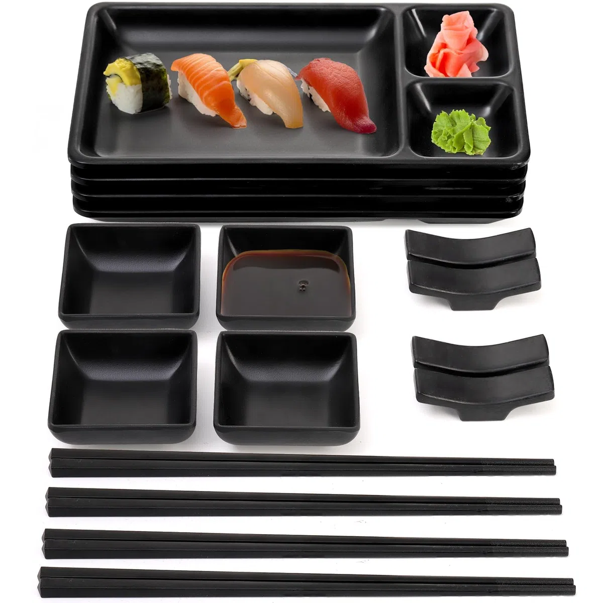 Pumtus Set di piatti giapponesi per sushi, 16 pezzi, in melamina, set di stoviglie per sushi, include 4 piatti da portata per sushi, 4 piatti per salsa di soia, 4 paia di bacchette, 4 supporti per