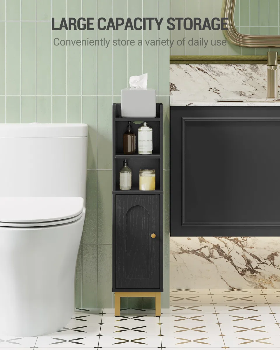 Hzuaneri Mobile a Colonna, Mobile da Bagno a Colonna, Armadietto Salvaspazio, Accanto al Water, con Ripiano Regolabile, Facile da Montare, 20 x 20 x 83 cm, Nero-Oro BC08206X