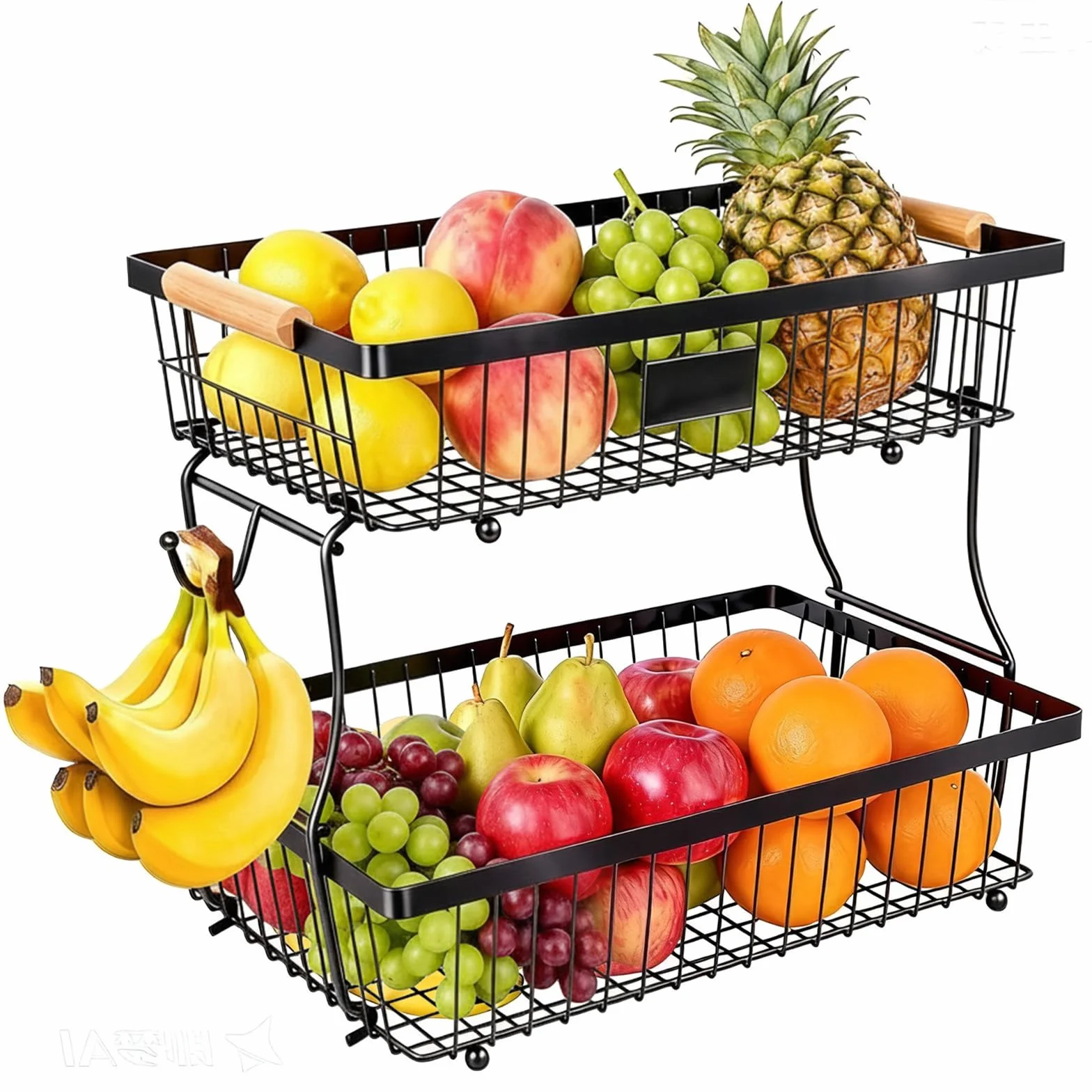 Porta Frutta da Tavolo, Portafrutta a 2 Piani, Porta Frutta Cucina con Manico in legno per Conservare Frutta,Snack e Verdura (Nero)