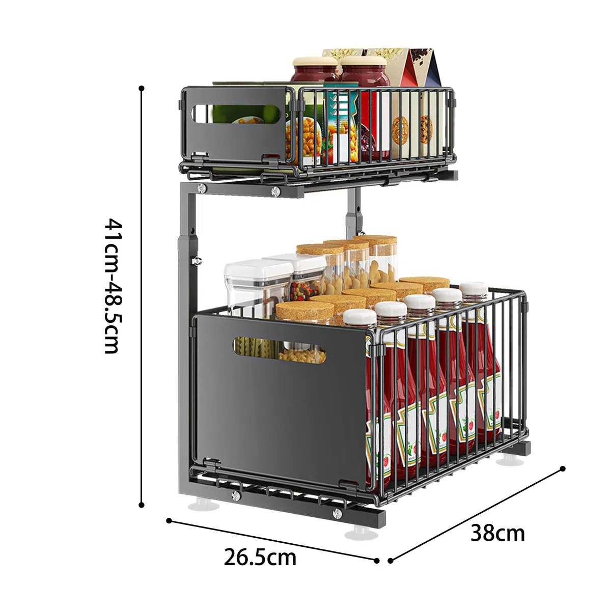 HUOLE Organizer sotto lavello a 2 livelli, organizer da cucina, ripiano sotto lavandino, portaspezie, cestino portaoggetti scorrevole in metallo, per cucina, bagno, camera da letto (26,5 x 38 x 48,5