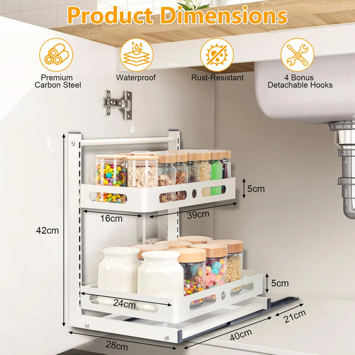 VINATO Organizer Sottolavello Cucina, 2 Livelli Metallo Organizzatore Cassetti Cucina, Regolabile in Altezza Scaffale Organizzatore Sotto Lavello, Organizer Detersivi per Bagno, Spezie, Bianco