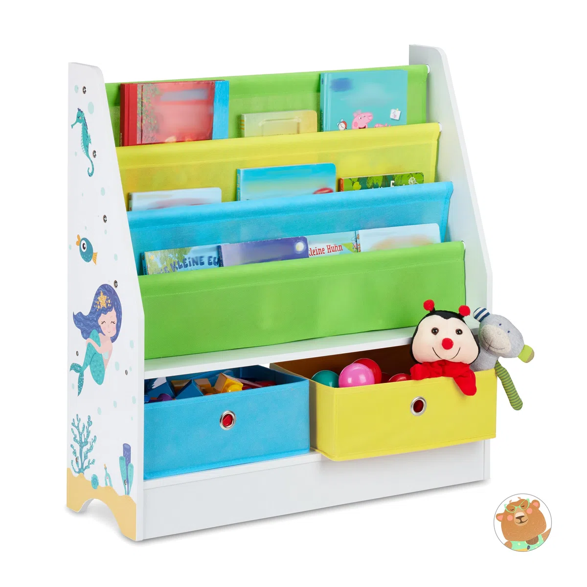Relaxdays Porta Giochi Bambini, con Motivi Marini, 2 Scatole, 3 Scomparti, Scaffale Libreria, HLP 74x71x23 cm, Colorato
