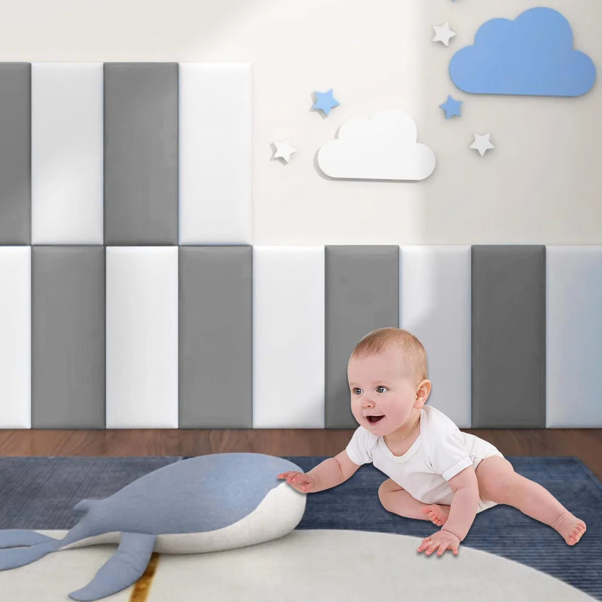 2 pannelli imbottiti da 40 x 30 cm, come testiera o protezione dagli impatti, pannello decorativo da parete per cameretta dei bambini, pannelli da parete imbottiti (grigio, 40 x 30 cm, 2